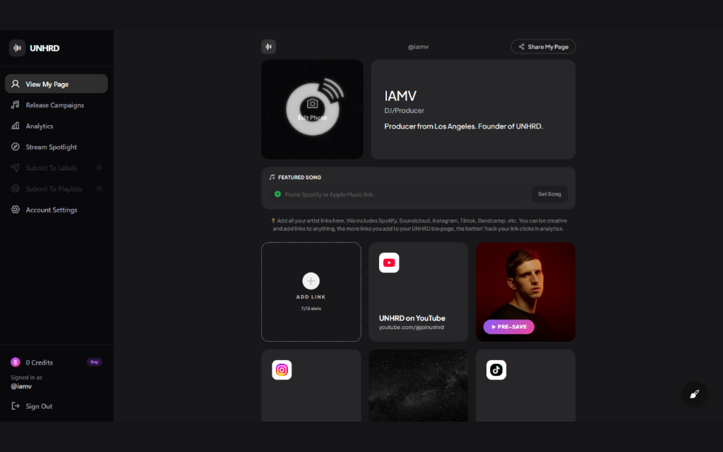 UNHRD Dashboard - Artist management panel